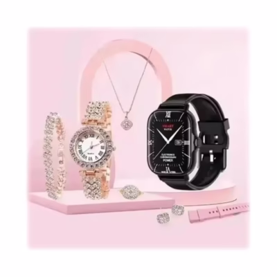 7-in-1 A68 Plus Smart Quartz Watch Combo with Earring and Necklace Set
